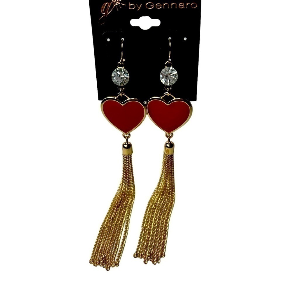 By Gennaro Rhinestone & Hearts 5” Long Gold Chain Tassel Dangle Earrings
